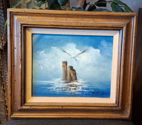 Framed Oil Painting Seascape with Seagulls 15"×13"