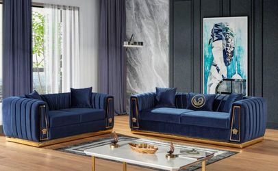 Royal Navy Blue Sofa & Loveseat Velvet Upholstery.


