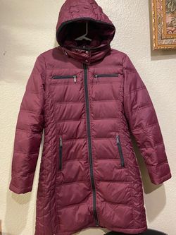 Women's Burgundy Quilted Puffer Coat with Small Hood