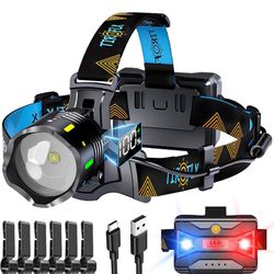 160,000LM 10 Kind Modes Headlamp Red Blue Warning Zoomable & Energy Saving, 90H Battery Standby Head Lamp, IP68 Waterproof & 125° Adjustable Head ligh
