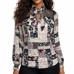 Cure. Petites Women's Floral Colorblock Lace Illusion Tie Neck Blouse Top PM 