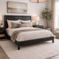 King Black Wooden bed frame + Raffia Accent Side Table 