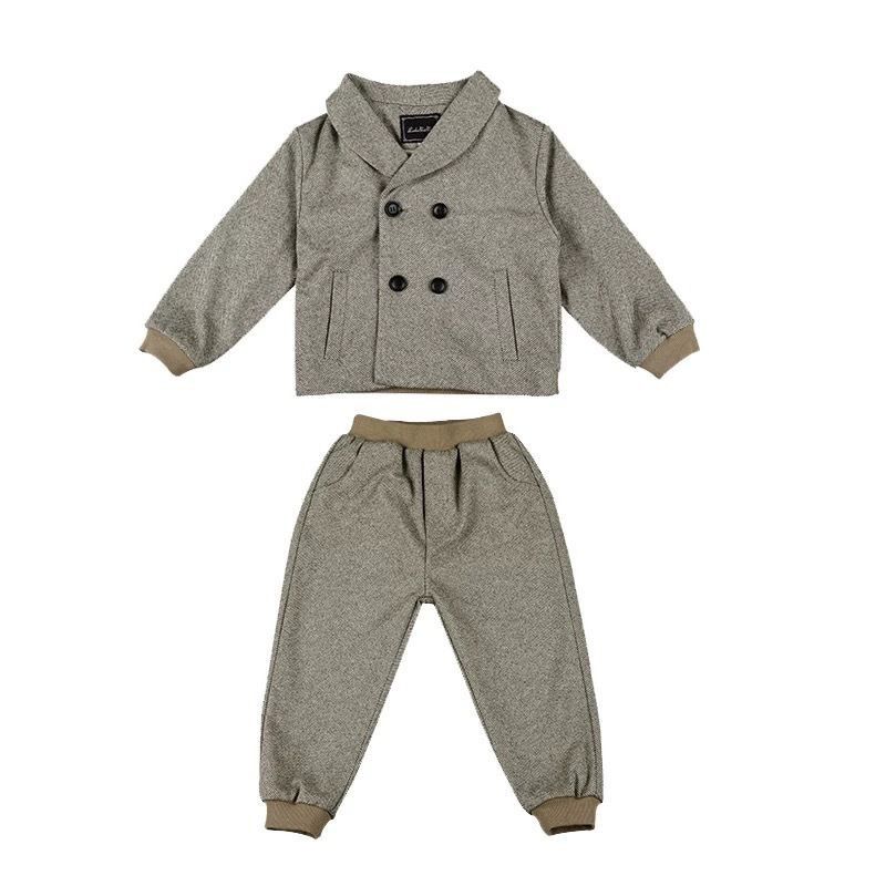 New Boy Casual Suit for 2-4 years boy with fleece-lined for Spring Autumn School Uniform Suit Top+ pant 2pcs set Formal wear brown color warm
