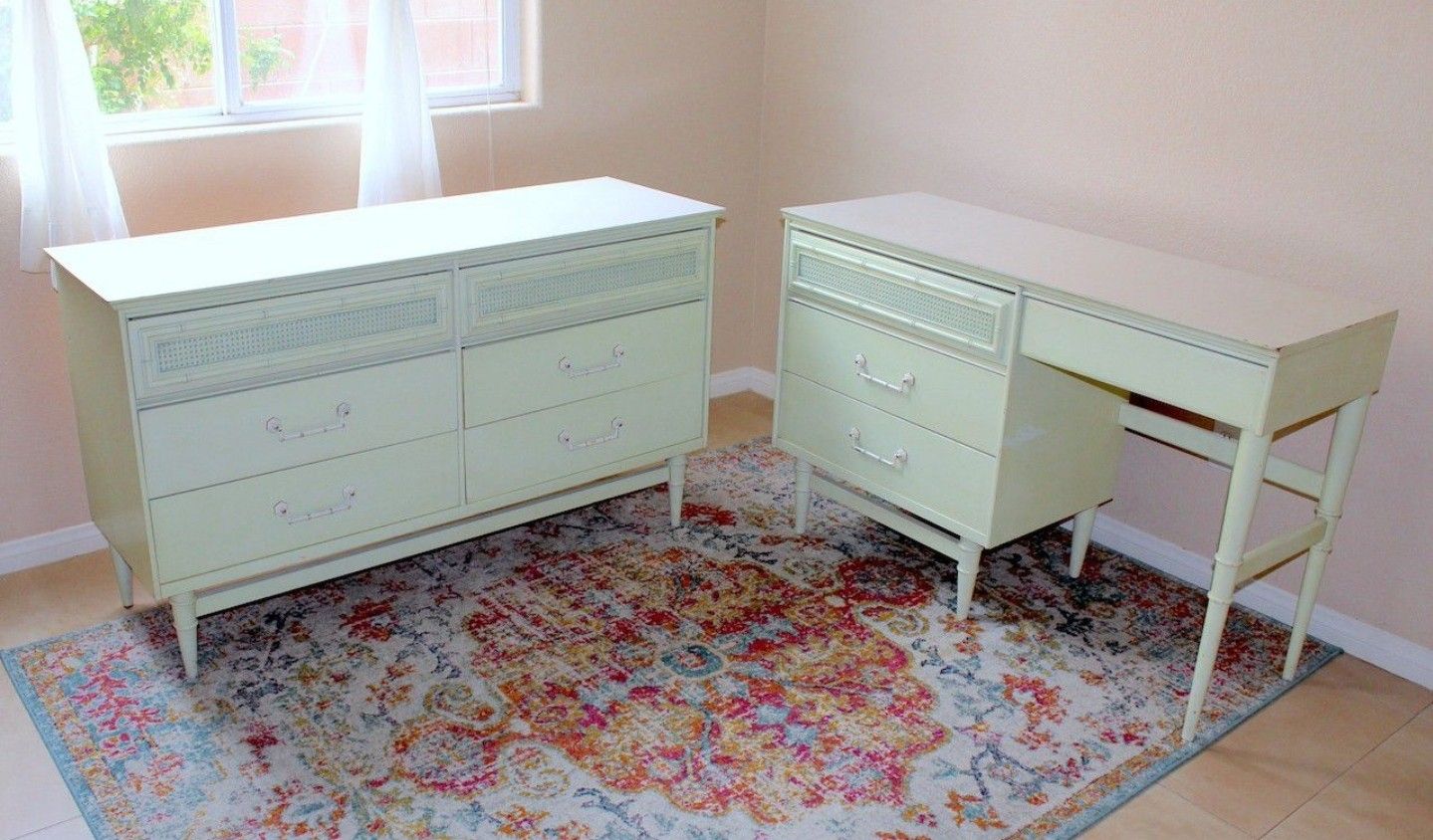 Vintage Bassett Mid Century Four Drawer Student Desk & Dresser Moss Green RARE ﻿One-Of-A-Kind Desk & Dresser Set﻿