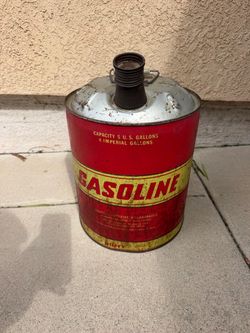 Vintage Round Metal Gas Can 5 Gallons Yellow Red
