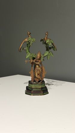 7.5" Krishna Under Tree w Cow Statue Brass