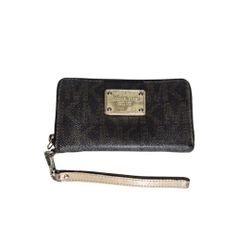 Michael Kors Signature Brown Logo Zip-Around Wristlet Wallet & Gold Accents