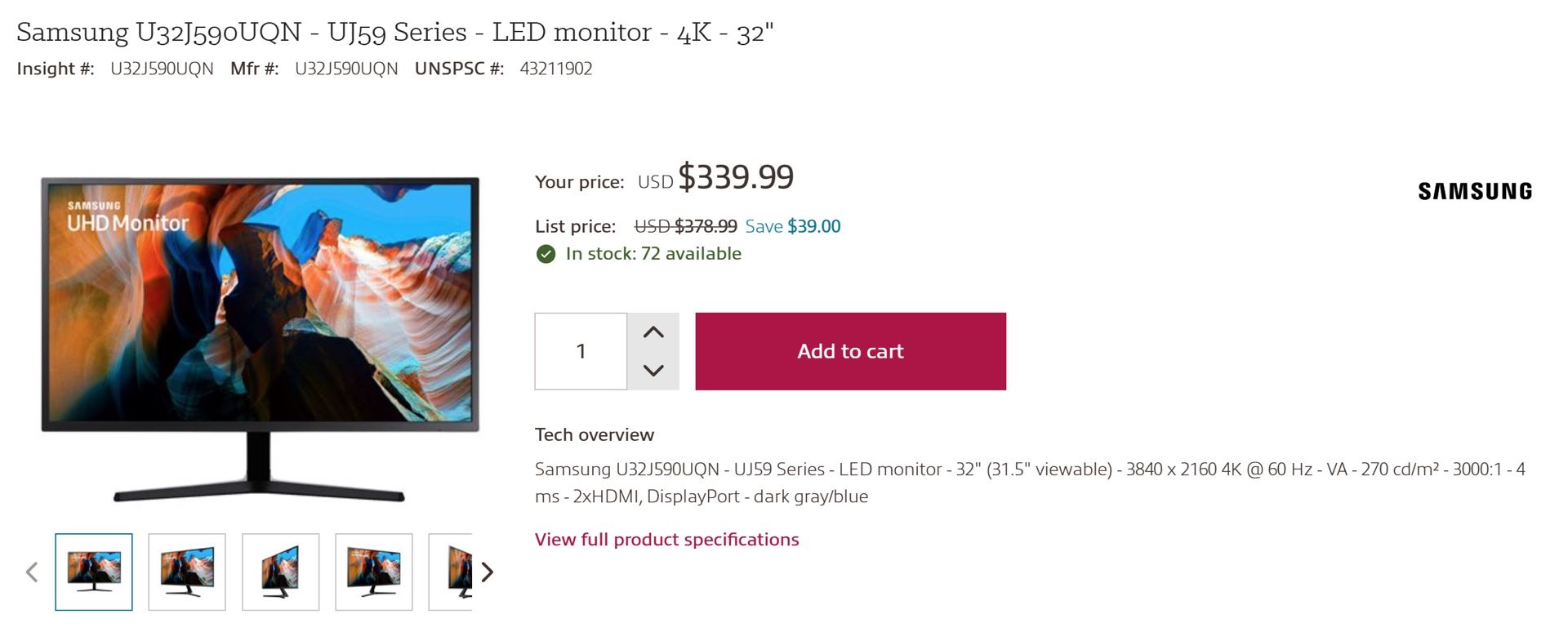 Samsung 32” 4K UHD Monitor – U32J590UQN (UJ59 Series) | Graduation Sale
