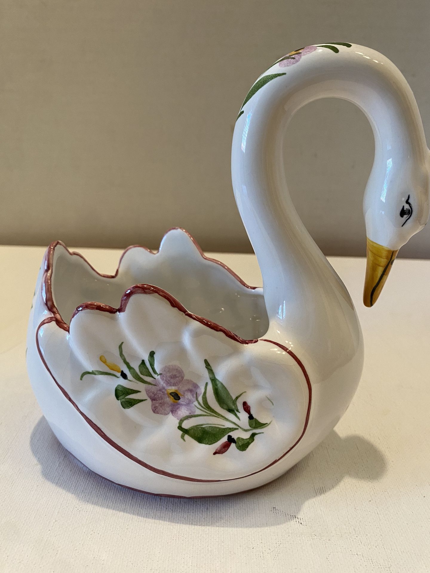 Vintage ceramic hand painted Swan  made in Portugal. Signed. Trinket /faux plant holder. 7 x 6 “