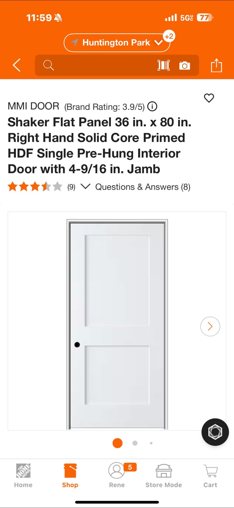 Shaker Flat Panel 36 in. x 80 in. Right Hand Solid