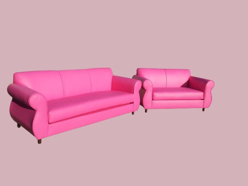 BRAND NEW  COUCH And LOVESEAT SET, Pink LEATHER Made, Silver FABRIC 