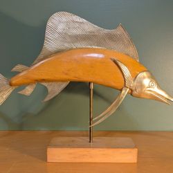 Vintage MCM Frederick Cooper Brass & Wood Sailfish Sculpture