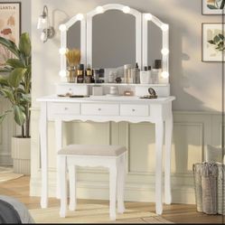 Makeup Vanity with Lights, Vanity Desk with Lighted Mirror and Stool,White