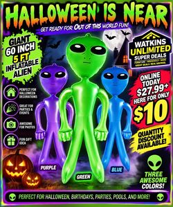 👽 GIANT 5-FT INFLATABLE ALIEN – HALLOWEEN / PARTY DECOR 👽