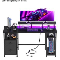 Gaming Desk With Power Outlets And Led Lights 