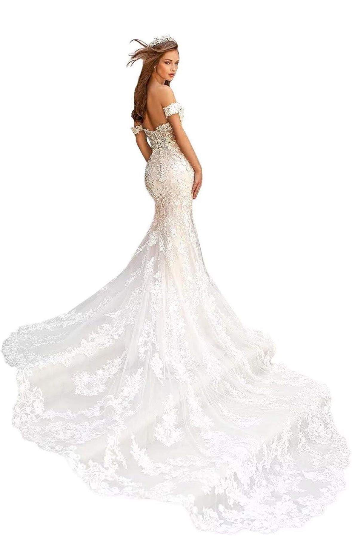 Mermaid Wedding Dresses for Bride Lace Beach Tulle Applique V-Neck Spaghetti Straps Boho Bridal Dress for Bride with Train