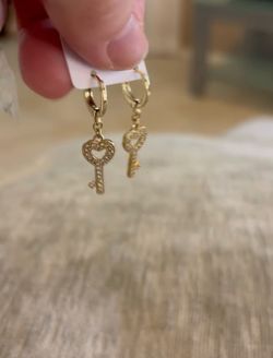 Gold Heart Key Charm Hoop Earrings