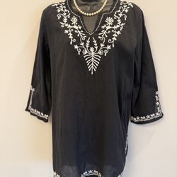Peppermint Bay Black Boho Embroidered V-neck Tunic Shirt/Cover-up Size S