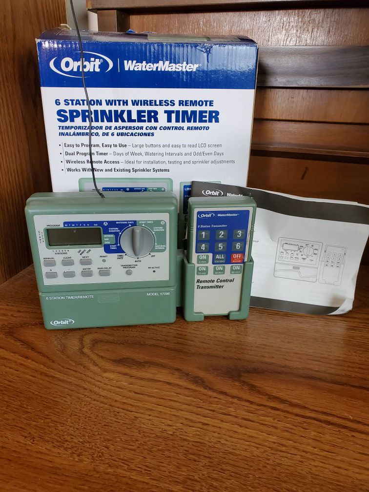 ORBIT WATERMASTER 6 STATION SPRINKLER TIMER WITH WIRELESS REMOTE, NEVER USED