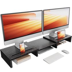 LORYERGO Dual Monitor Stand for Desk, Monitor Stand with 2 Phone and Tablet Slots, Dual Monitor Riser with Adjustable Length and Angle, Computer Stand