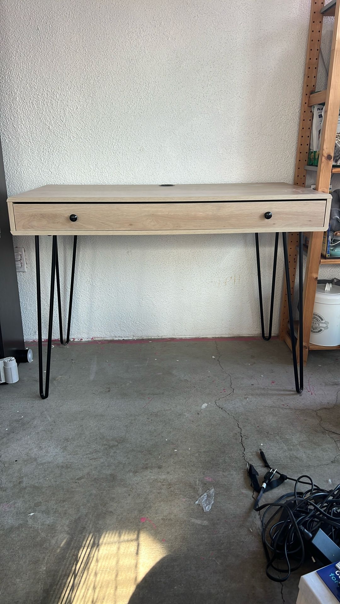 Light Sand Color Work Desk With 3 Divided Sections In Drawer And Computer Cord Access On Top