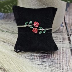 Silver red rose adjustable bangle cuff bracelet
