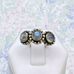 Handcrafted Genuine Rainbow Moonstone & Solid Sterling Silver Ring - Sz 6.75