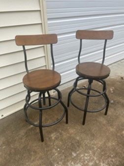 New, Price Firm, Hamrick Industrial Wood and Iron Adjustable Height Backed Bar Stools, Set of 2