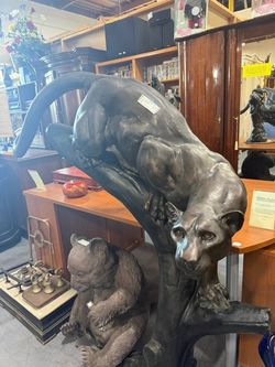 Life-Size Bronze Mountain Lion on Tree Sculpture 56” Wildlife Statue