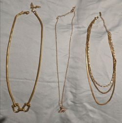 Set of 3 Gold-Tone Fashion Necklaces (Evil Eye, Layered Chains & Knot Accent) - Brand New