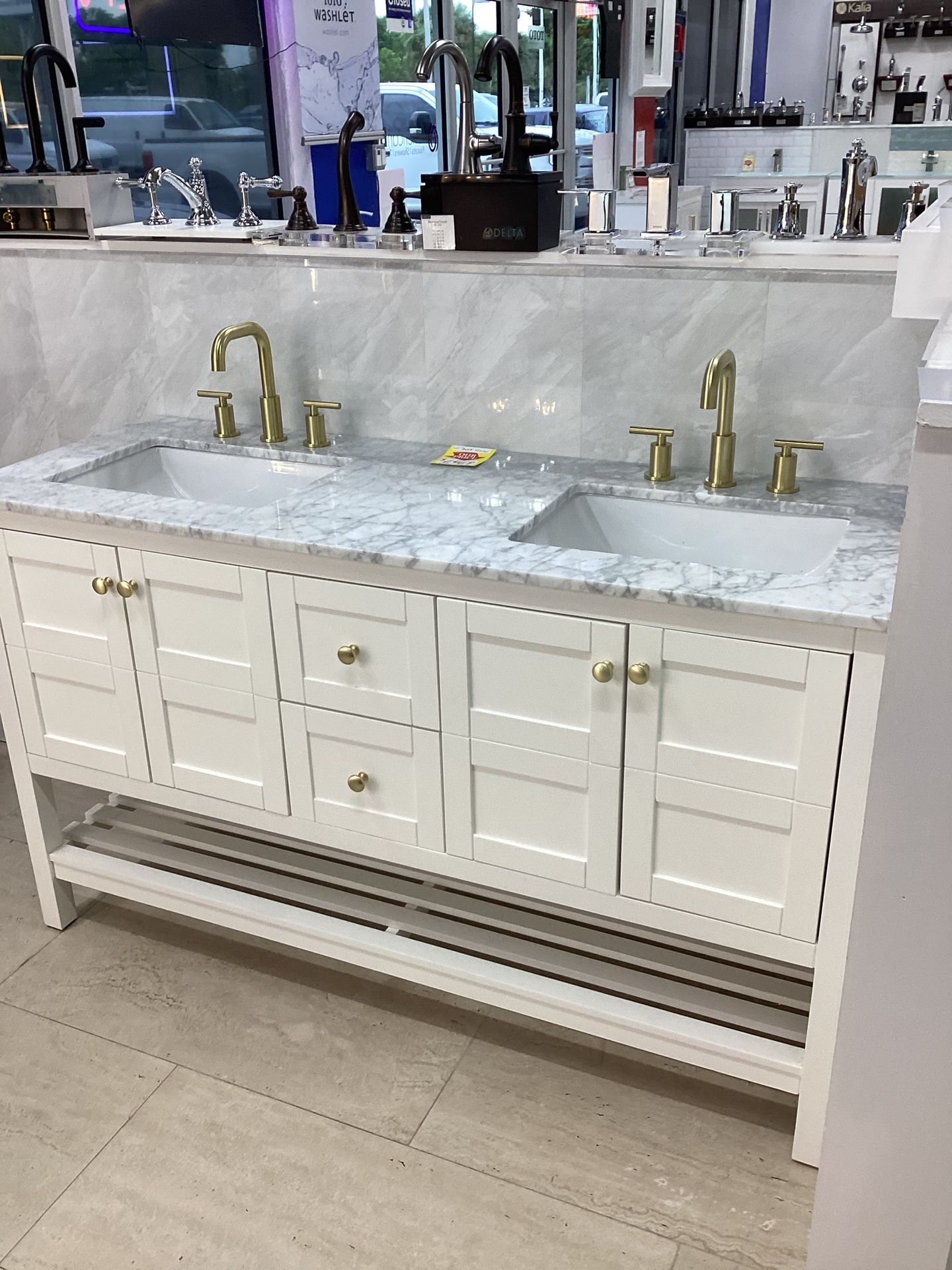 60” Bathroom Vanity Cabinet New Solid Wood Fully Assembled Softclose Drawers Doors Marble Top 2 Sinks Ready For Pick Up Today