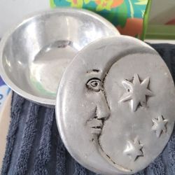 Metal Possible Pewter Rare Find Moon And Stars Trinket Bowl With Lid.