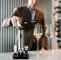 Electric Wine Opener Battery Operated with Wine Aerator Pourer, Push Vacuum Wine Stopper, Foil Cutter and Stand, Romantic Gift For Women Man
