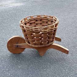 Vintage Decorative Wood And Wicker BoHo Wheelbarrow Planter Basket Plant Cart