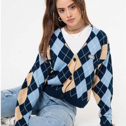 Minga -Blue Beige Argyle Knitted Sweater Vest - S