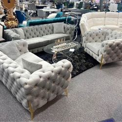 Tufted Grey Sofa, Loveseat & Chair In Stock