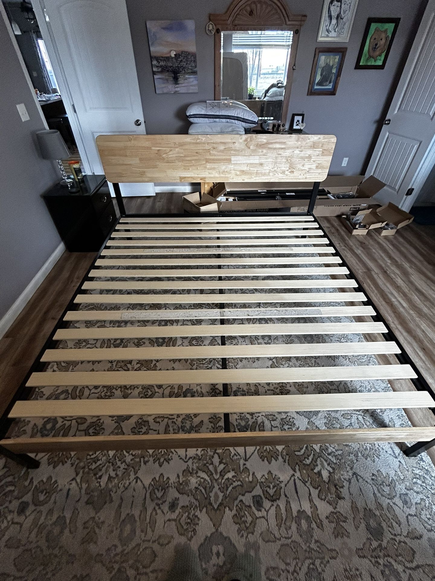 King Size Platform Bed Frame – Oak & Metal – $75