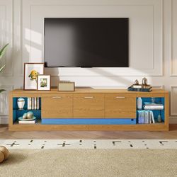 Mid-Century Modern TV Stand for TVs up to 70 Inches, 63" Entertainment Center with Natural Rattan Doors & Storage, Boho Wood Media Console Table for L
