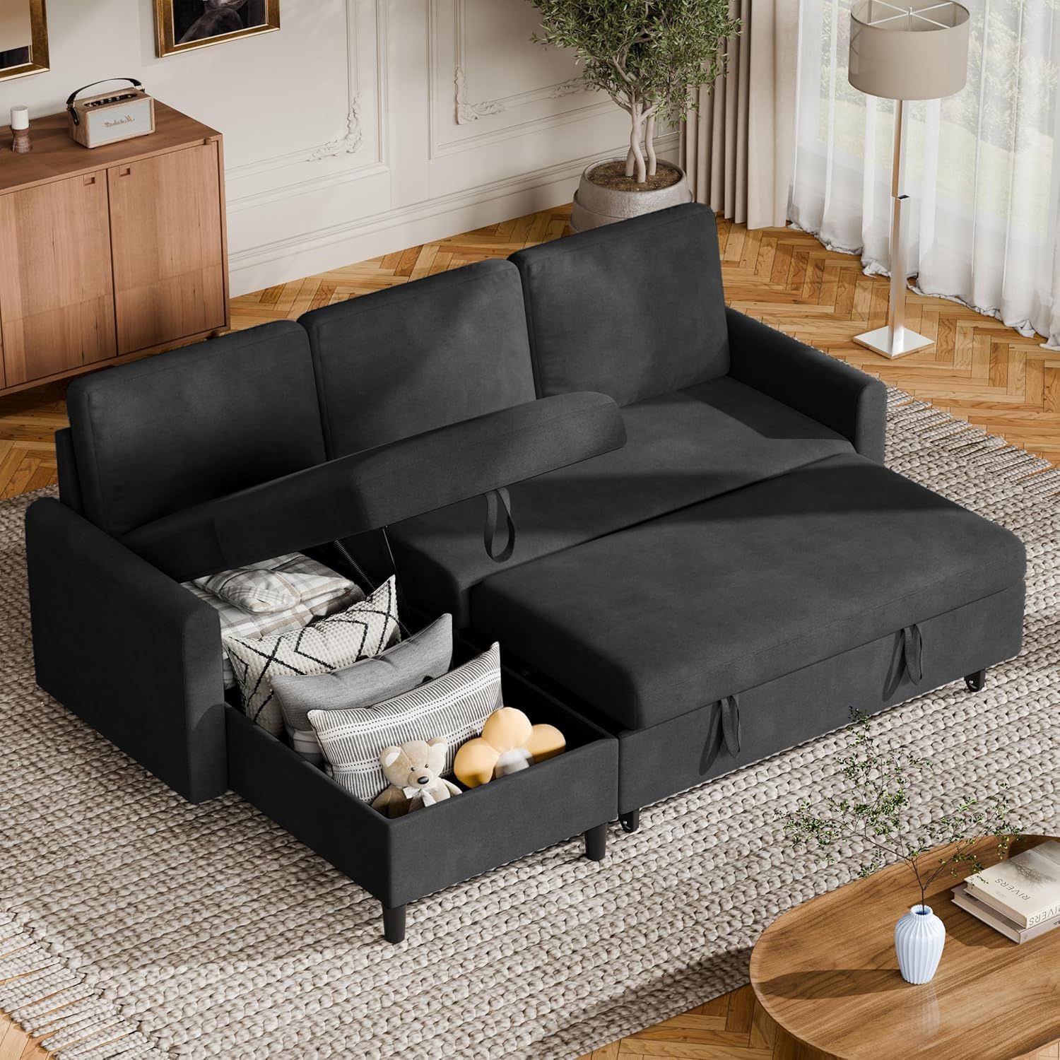 New Pull Out Couch, Convertible Sleeper Sofa Bed with Storage, L-Shaped Sofa Bed with Storage Chaise Linen Fabric for Living Room, Apartment, Small Sp