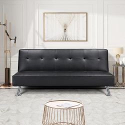 Modern Folding Futon Loveseat Black Faux Leather Futon Sleeper Bed Convertible Futon Couch Bed for Living Room