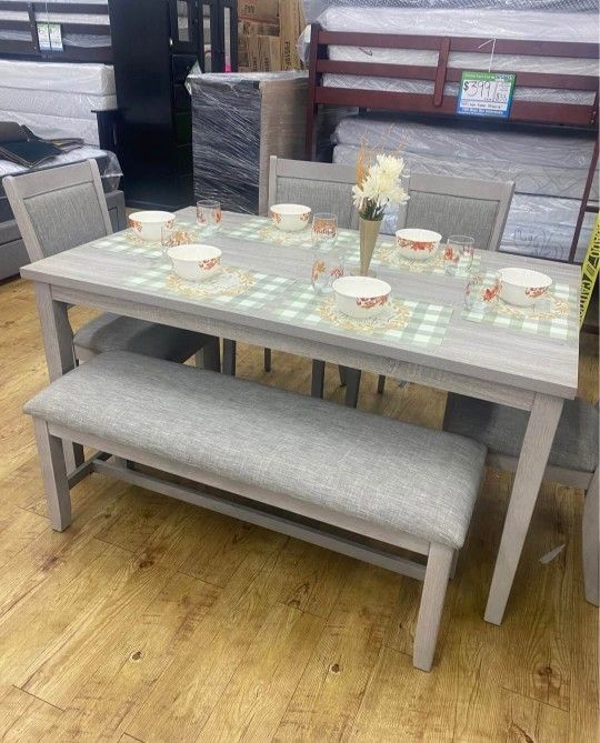 ✅️✅️ 6 pc light finish wood dining table set padded seat chairs and bench ✅️✅️