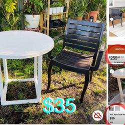 $35 Garden 🪴 set PVC Table and Arm Plastic chair; heavy duty both table fiberglass & PVC