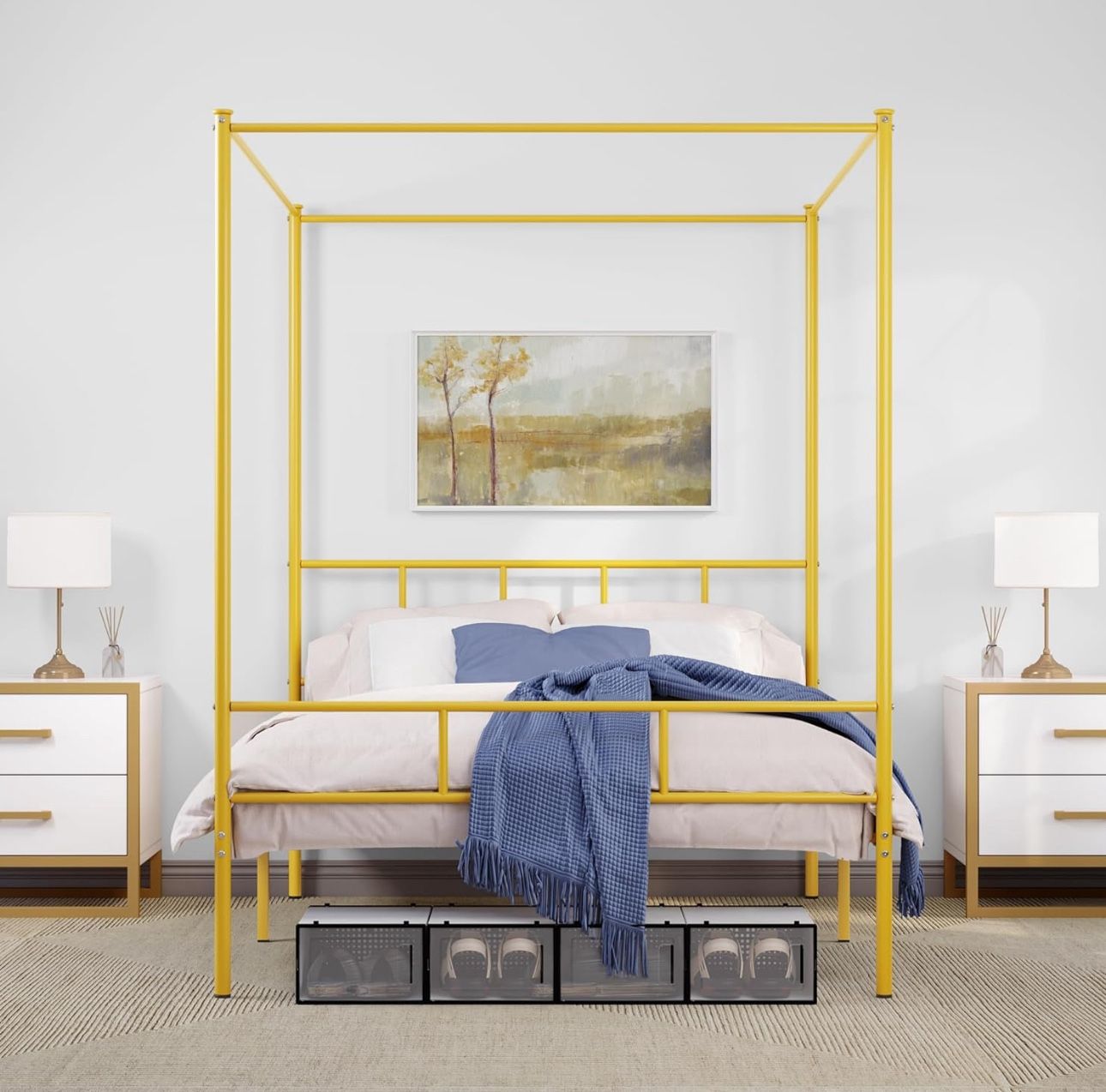 YITAHOME Queen Size Bed Frame, Metal Canopy Four Poster Bed Frame, GOLD