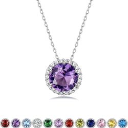 Bestyle Sparkling 925 Sterling Silver Birthstone Necklaces for Women, Created Heart/Round/Teardrop/Square Crystal Solitaire Pendant Diamond Necklace, 