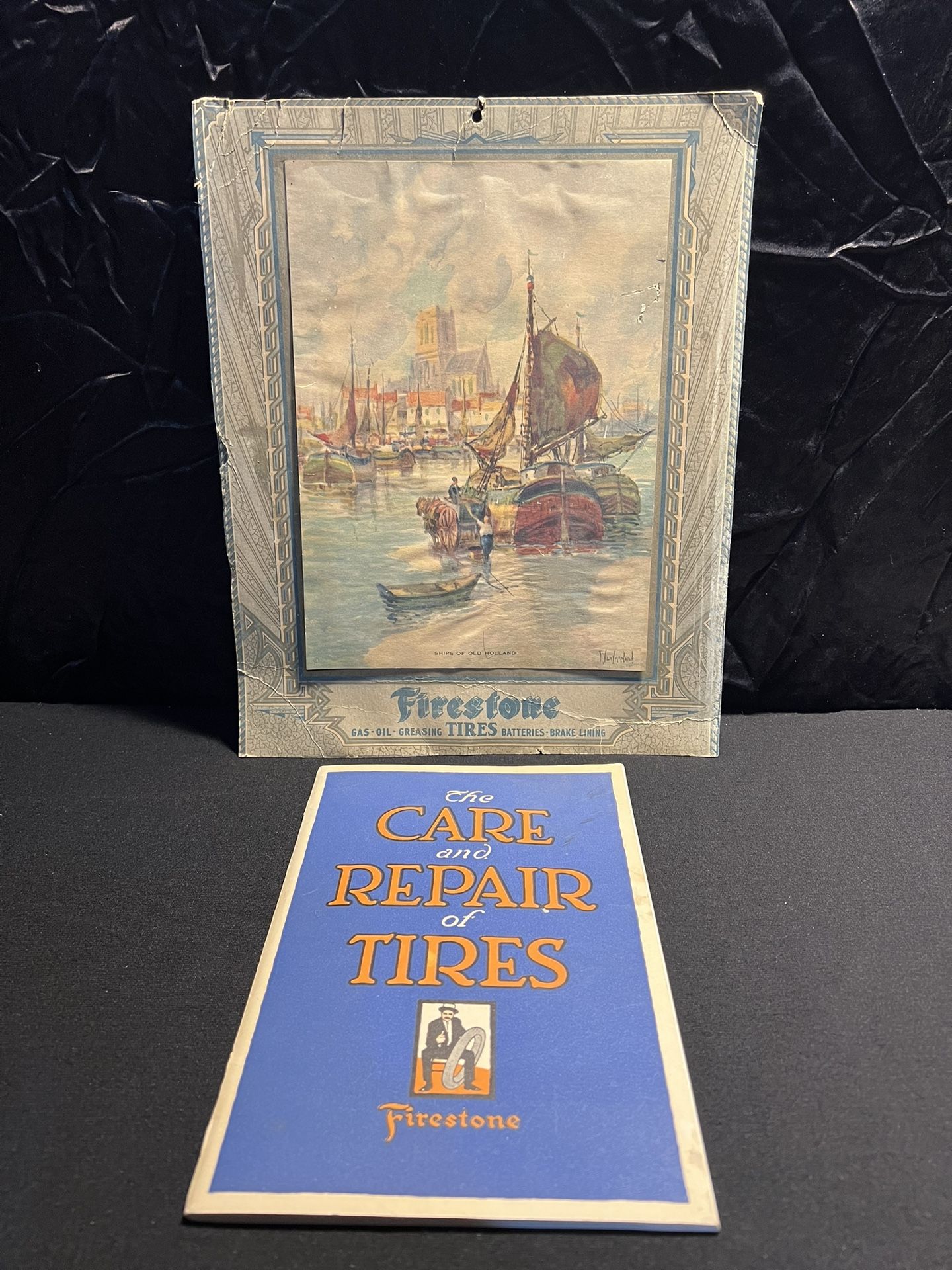 1920S Era Firestone Tire Memorabilia… tire Repair Booklet & Cardboard, Advertising Sign
