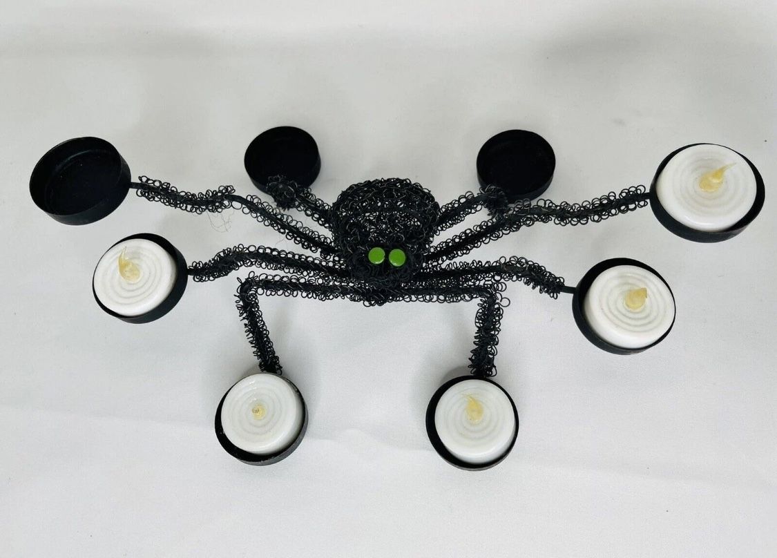 Halloween Black Spider Metal Wire Tea Light Candle Holder Green Eyes Home Decor
