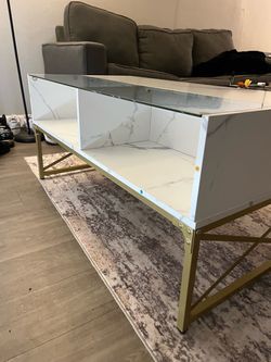 LED light Marble-Look Coffee table with Gold Metal Frame