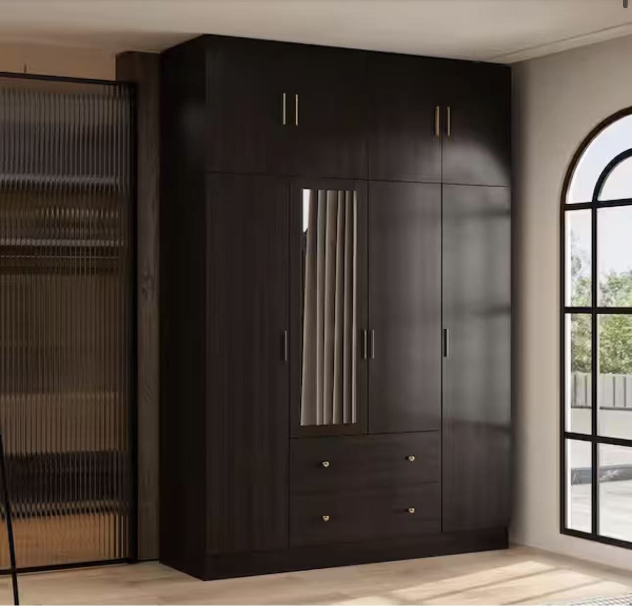 Brown Wood Grain 63 in. W 8-Door Big Armoires With Mirror, 2 Hanging Rods, 2 Drawers, Storage Shelves (94.5 in. H)（KF330062-02SC-A+B001）