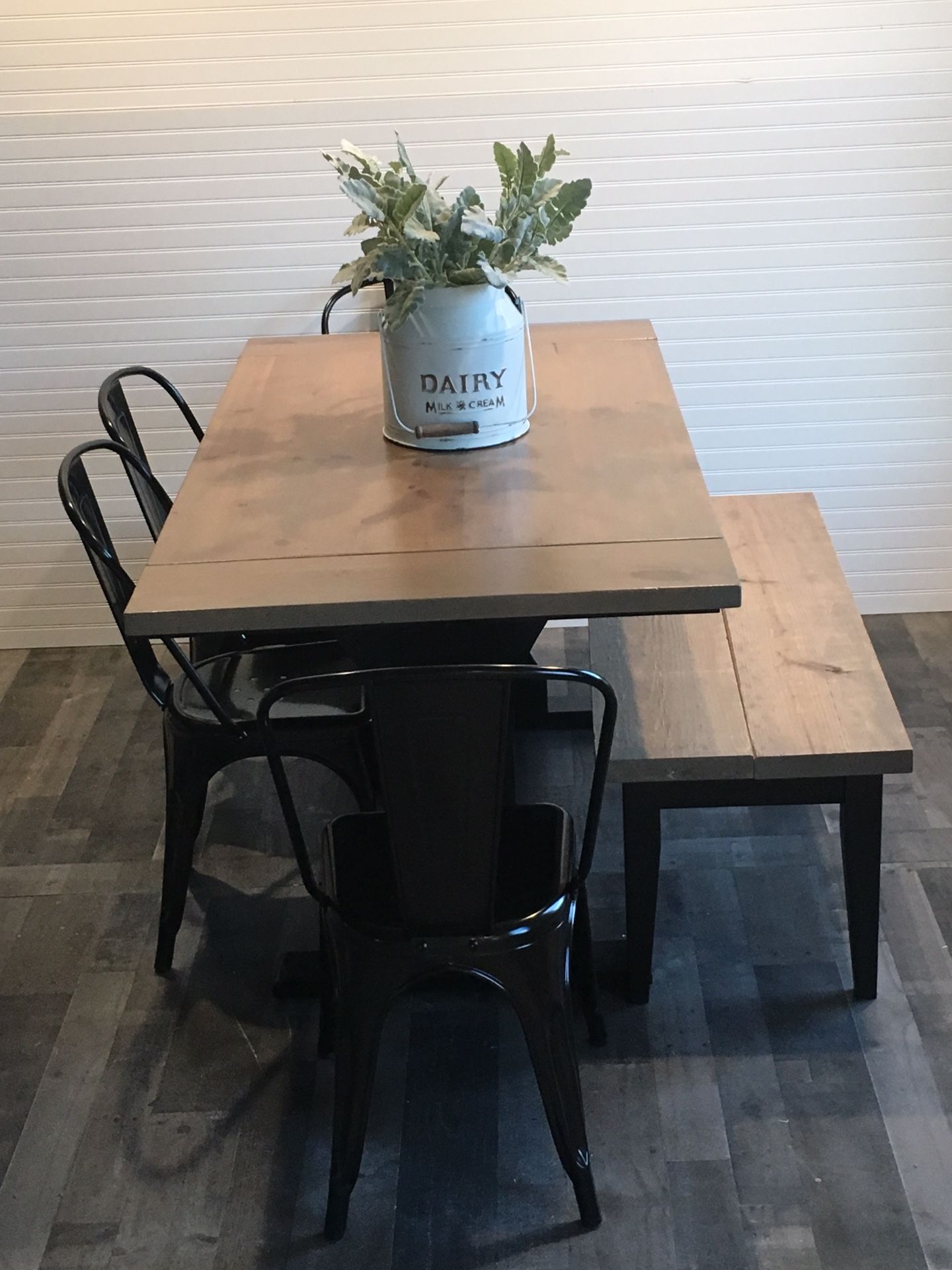 Farmhouse kitchen table, chairs, and bench