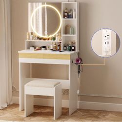Vanity Desk with Mirror & Lights, 3 Color Adjustable Led, USB Charging Station and Chair, 2 Drawers, Makeup Vanity Desk with Lights for Women Bedroom